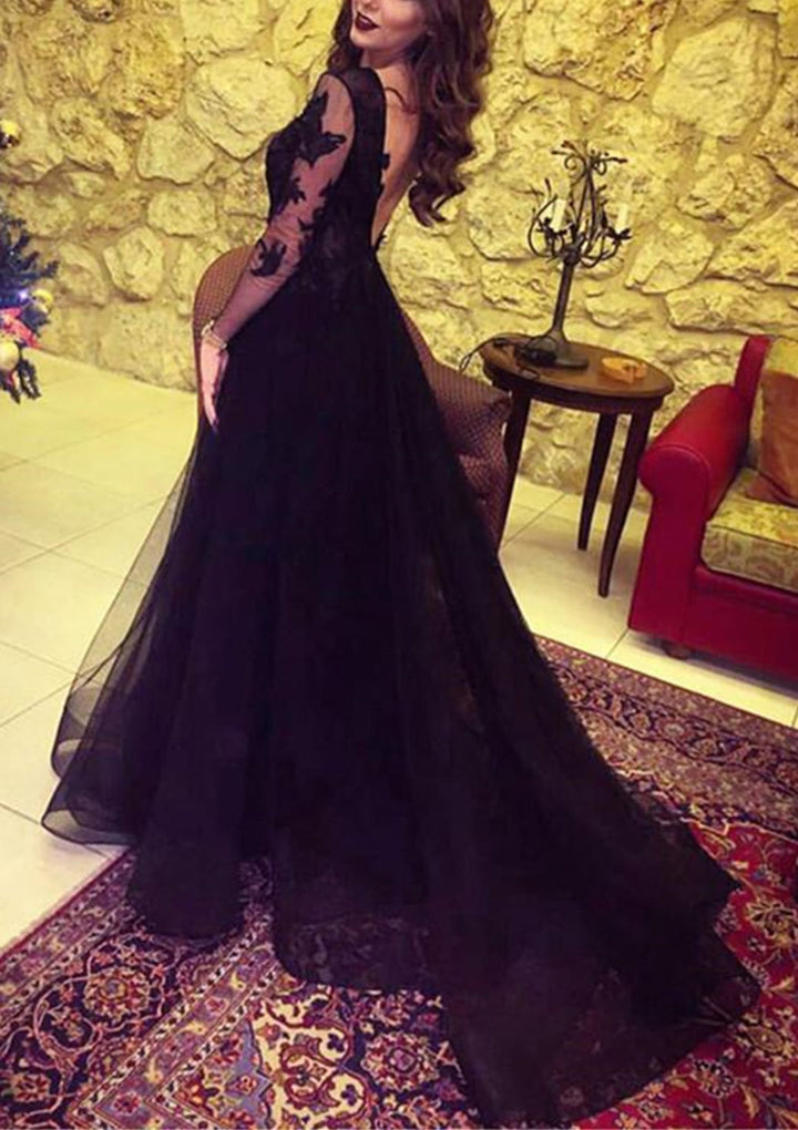 Lumidress Black Lace Long-Sleeve A-Line Evening Gown with Illusion Bodice and Front Slit