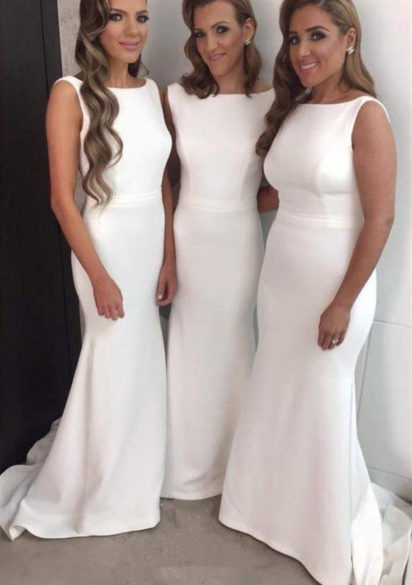 Lumidress White Elegant Sleeveless Satin Long Mermaid Bridesmaid Dress