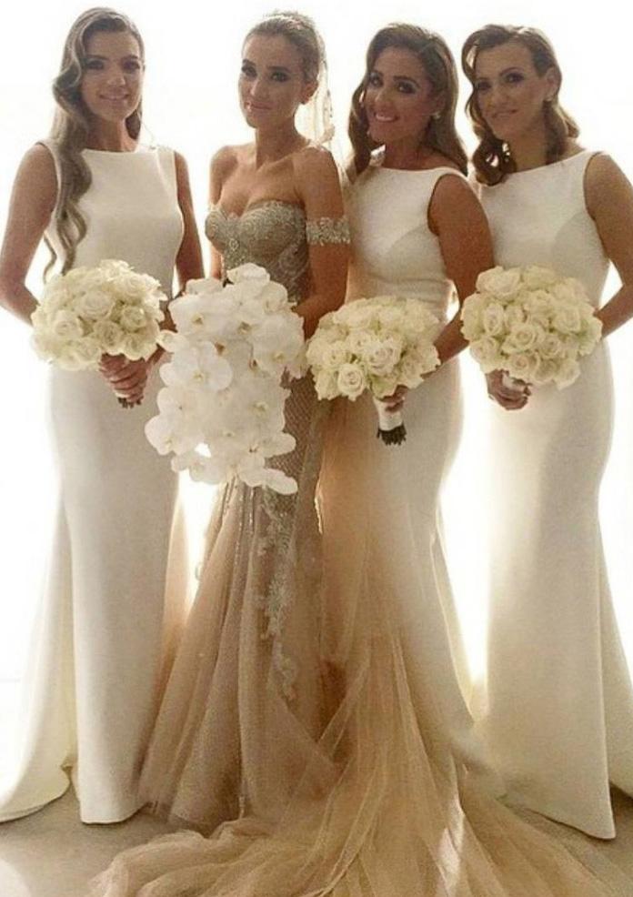 Lumidress White Elegant Sleeveless Satin Long Mermaid Bridesmaid Dress