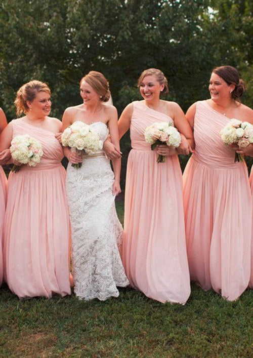 Lumidress Pink Chiffon One-Shoulder A-Line Pleated Bridesmaid Dress