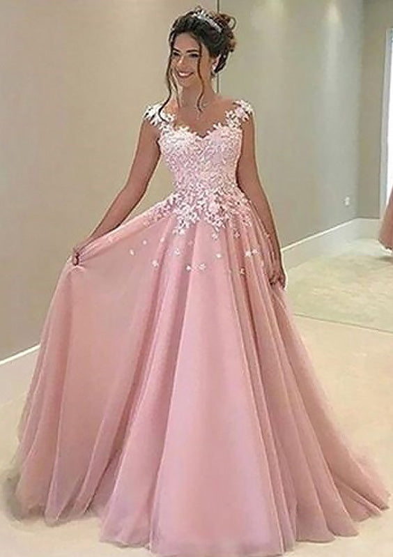 Lumidress Light Pink Tulle V-Neck Sleeveless Prom Dress with Lace Appliqués