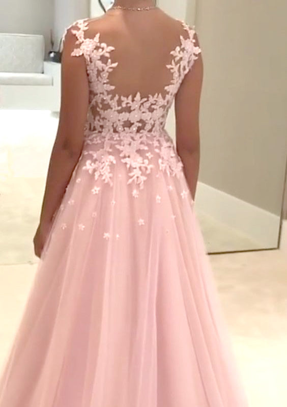 Lumidress Light Pink Tulle V-Neck Sleeveless Prom Dress with Lace Appliqués