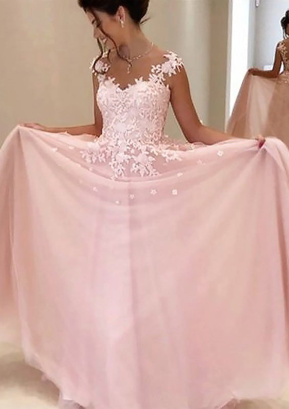 Lumidress Light Pink Tulle V-Neck Sleeveless Prom Dress with Lace Appliqués