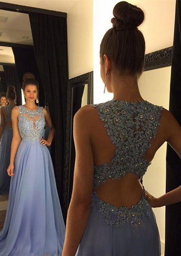 Lumidress Chiffon A-Line Scoop Neck Prom Dress with Beaded Appliqués