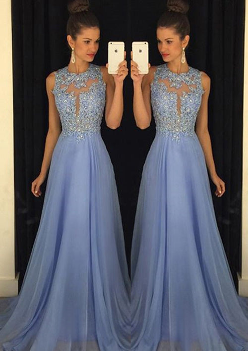 Lumidress Chiffon A-Line Scoop Neck Prom Dress with Beaded Appliqués