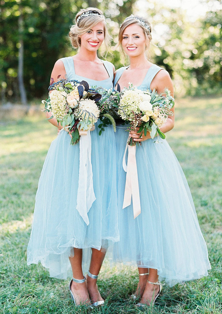 Lumidress Tulle A-Line Bridesmaid Dress with Square Neckline and Asymmetrical Hem