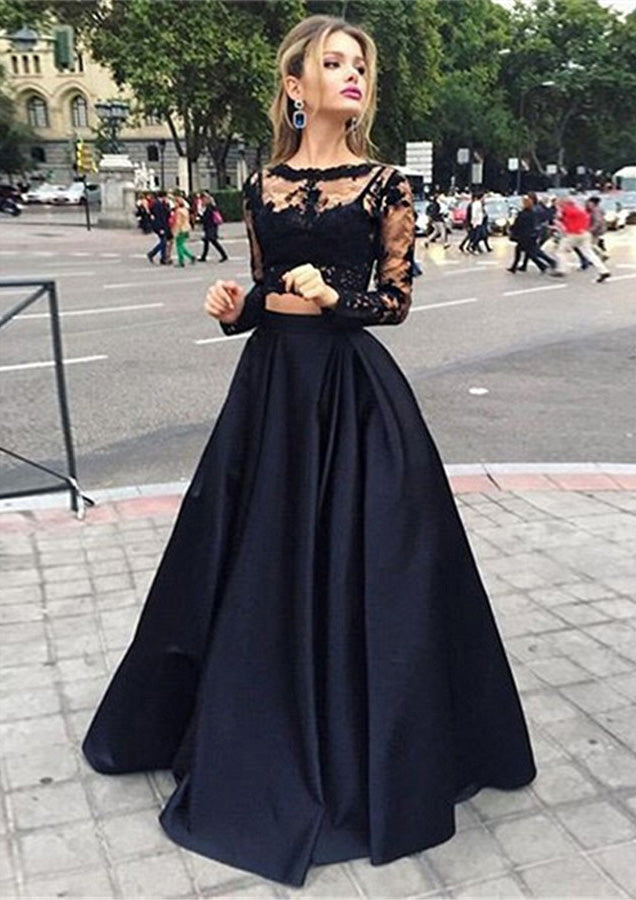 Lumidress Elegant Black Satin Prom Dress with Lace Long Sleeves