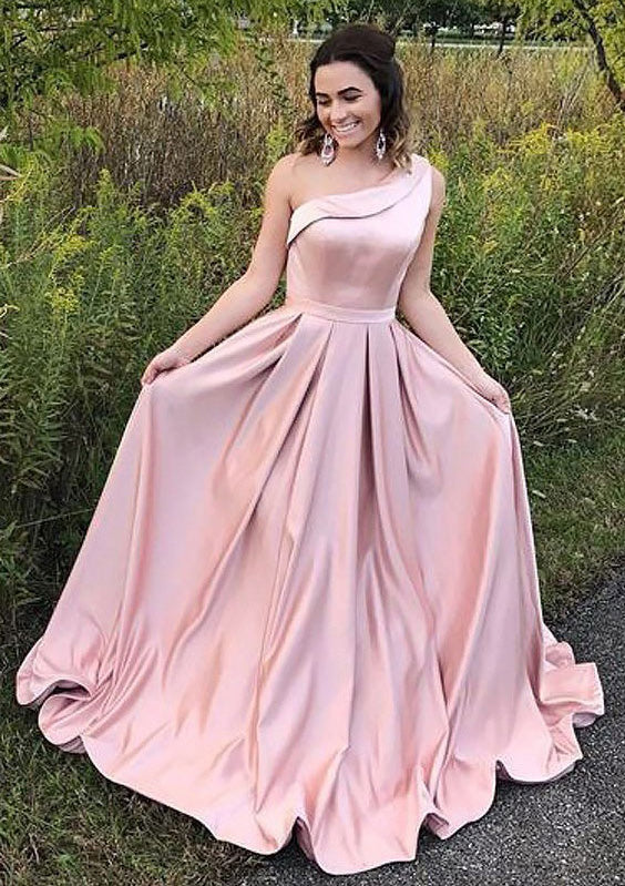 Lumidress Romantic One-Shoulder Satin A-Line Princess Prom Dress with Pleated