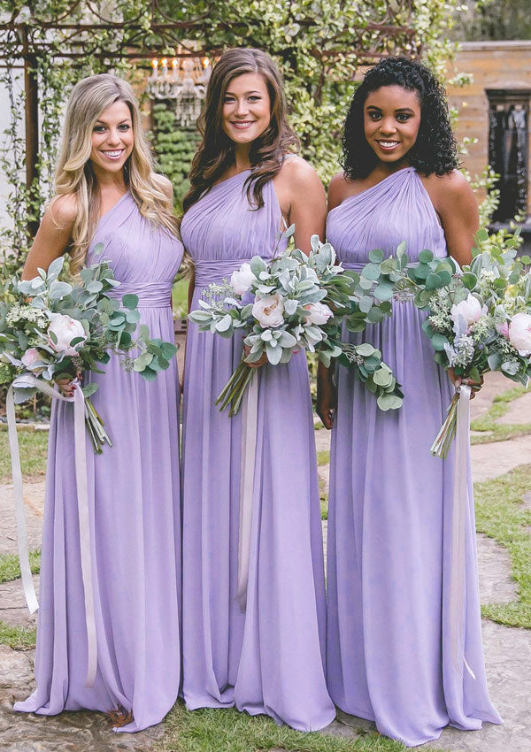 Lumidress Graceful One-Shoulder Chiffon A-Line Bridesmaid Dress with Pleats