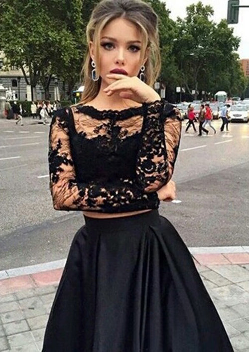 Lumidress Elegant Black Satin Prom Dress with Lace Long Sleeves