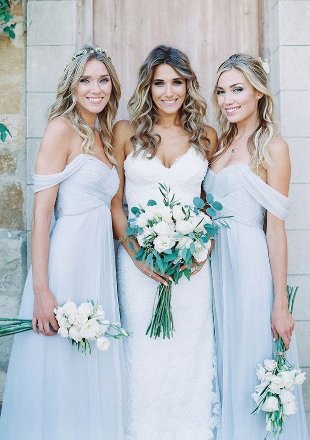Lumidress Elegant Chiffon Off-the-Shoulder A-Line Bridesmaid Dress with Pleated Detail