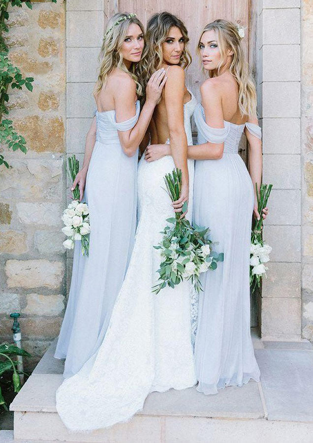 Lumidress Elegant Chiffon Off-the-Shoulder A-Line Bridesmaid Dress with Pleated Detail