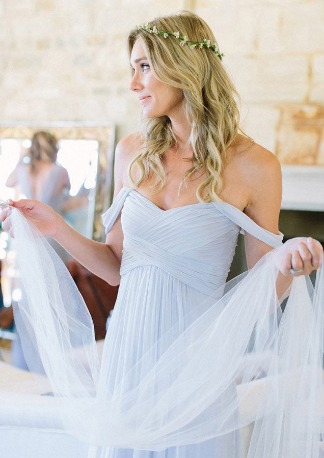 Lumidress Elegant Chiffon Off-the-Shoulder A-Line Bridesmaid Dress with Pleated Detail