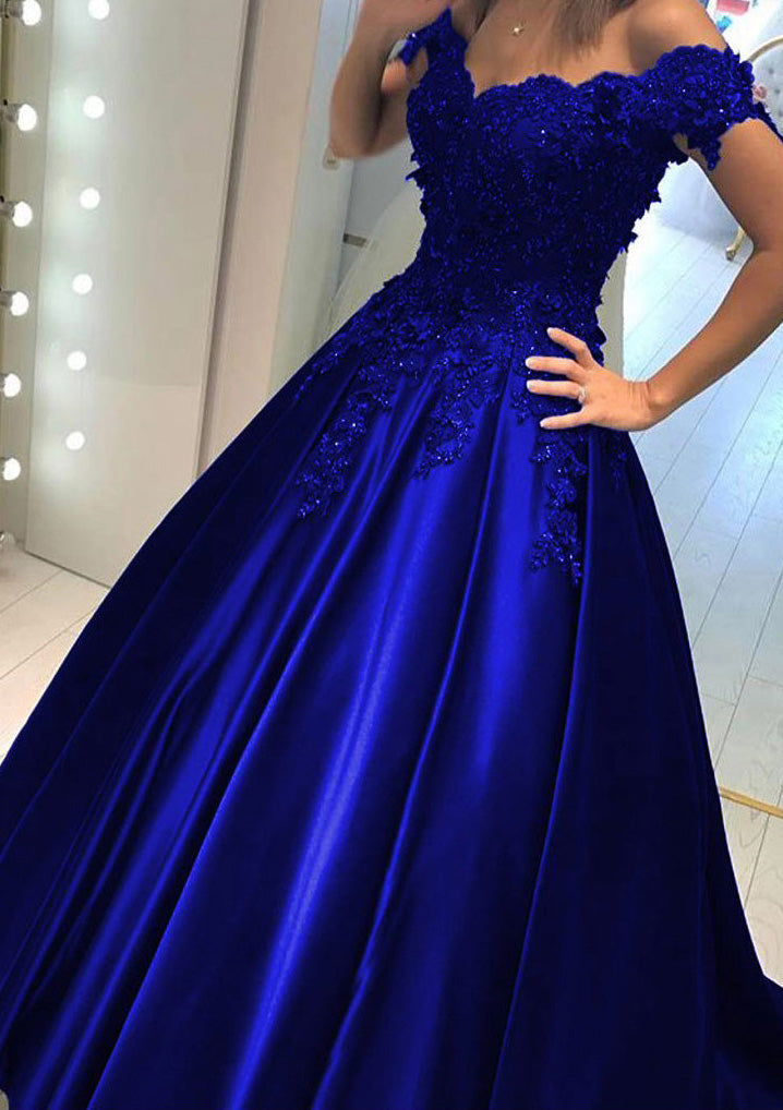 Lumidress Burgundy Satin Off-the-Shoulder Princess Prom Gown with Beaded Details