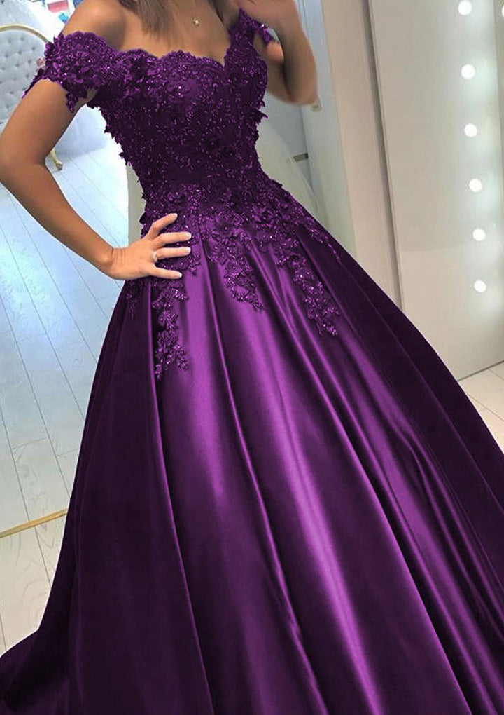 Lumidress Burgundy Satin Off-the-Shoulder Princess Prom Gown with Beaded Details
