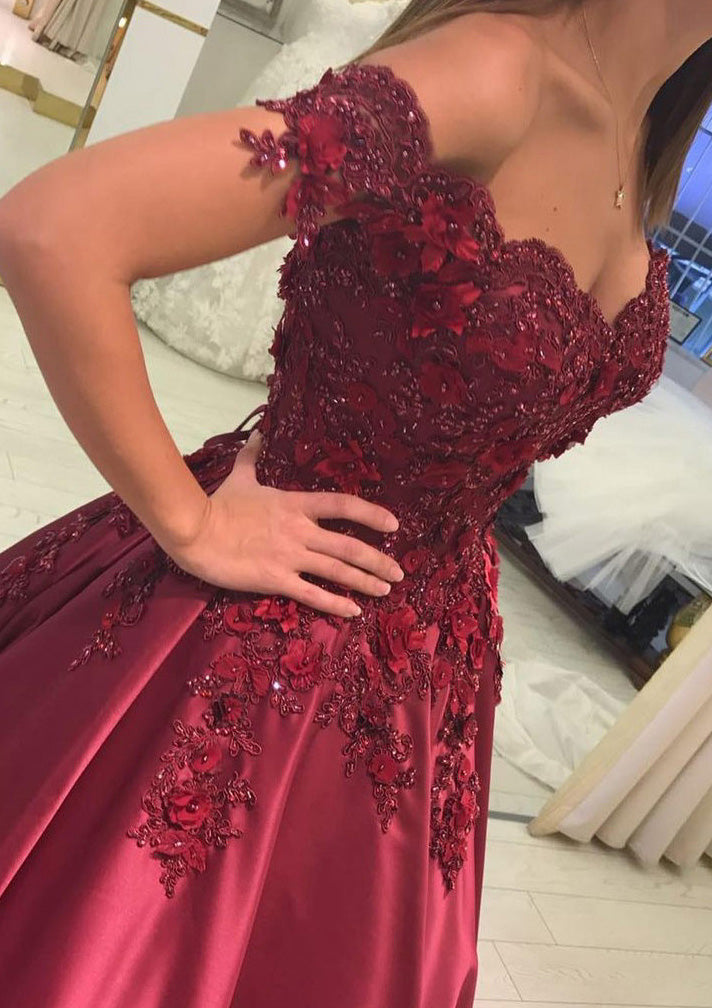 Lumidress Burgundy Satin Off-the-Shoulder Princess Prom Gown with Beaded Details