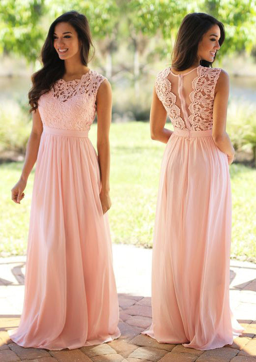 Lumidress Blush Lace Illusion Back A-Line Chiffon Bridesmaid Dress