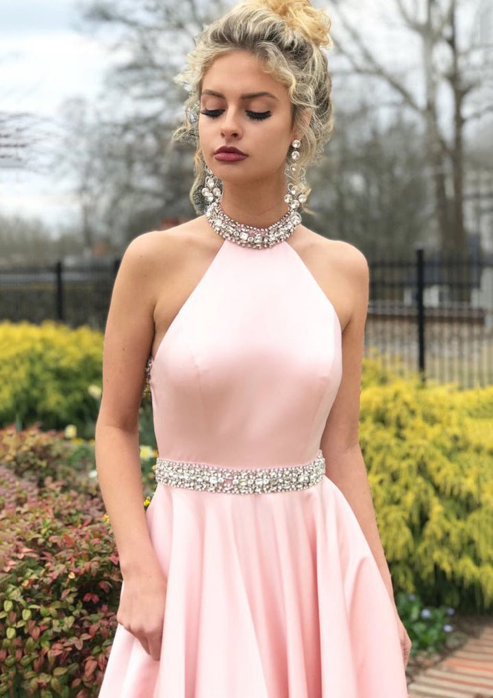 Lumidress Elegant Halter Neck Sleeveless Satin Prom Dress with Beaded Waistband