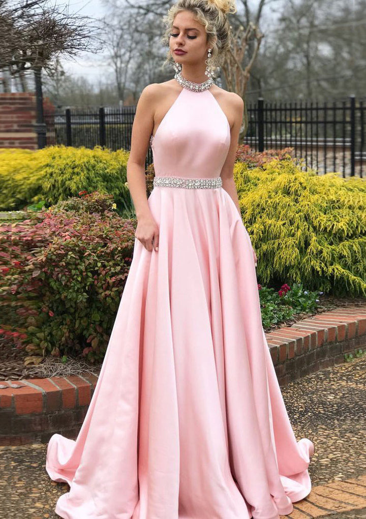 Lumidress Elegant Halter Neck Sleeveless Satin Prom Dress with Beaded Waistband