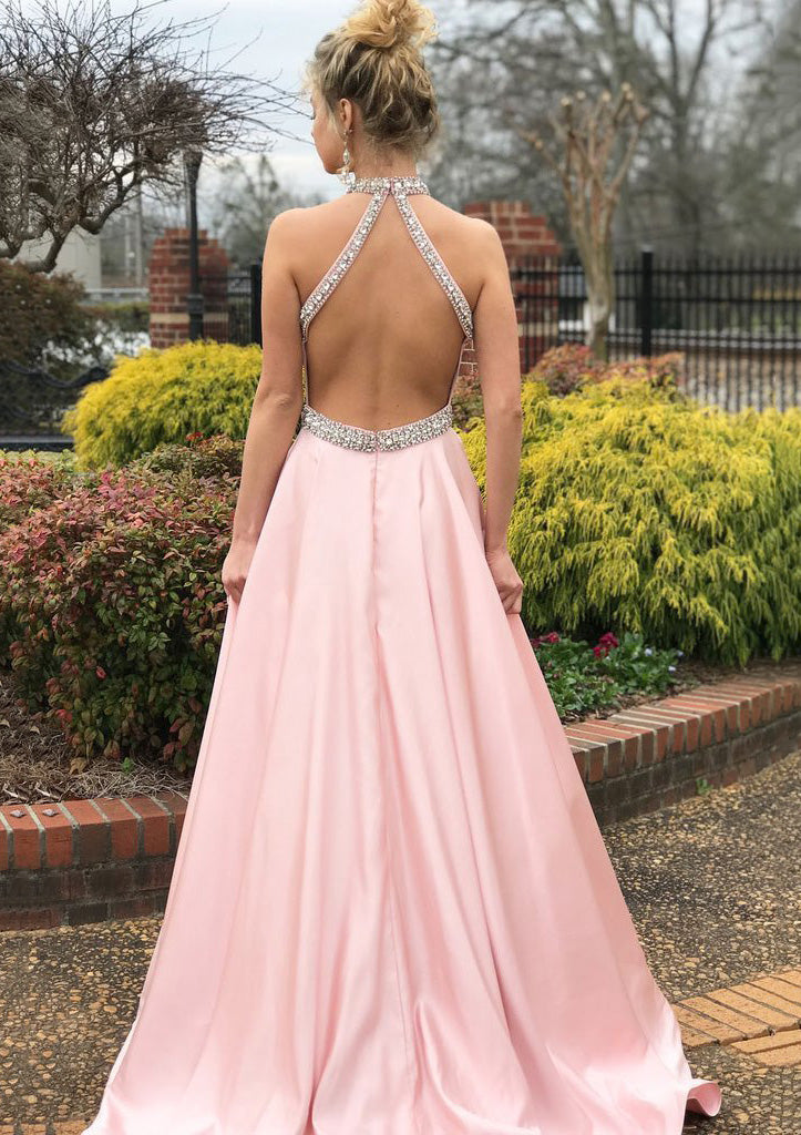 Lumidress Elegant Halter Neck Sleeveless Satin Prom Dress with Beaded Waistband