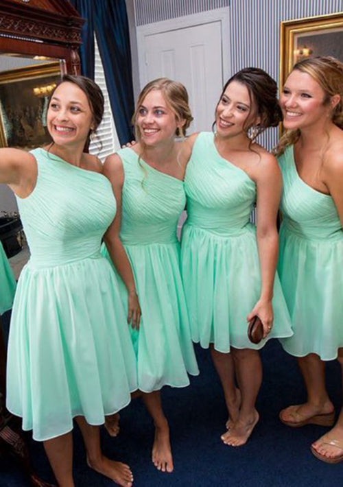 Lumidress Romantic One-Shoulder Chiffon Knee-Length Bridesmaid Dress