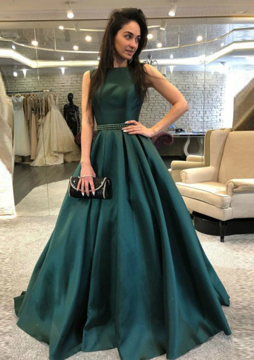 Lumidress Formal Sleeveless A-Line Satin Evening Gown with V-Back