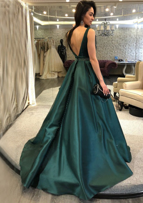 Lumidress Formal Sleeveless A-Line Satin Evening Gown with V-Back
