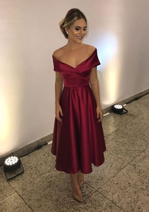 Lumidress Princess A-Line Off-the-Shoulder Satin Tea-Length Dress