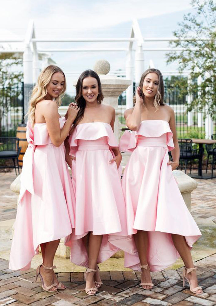 Lumidress Asymmetrical Strapless Satin Bridesmaid Gown with Bow &amp; Ruffle Detail