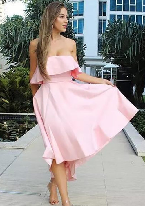 Lumidress Asymmetrical Strapless Satin Bridesmaid Gown with Bow &amp; Ruffle Detail
