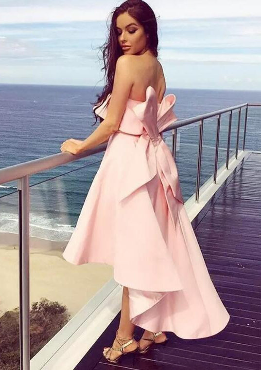 Lumidress Asymmetrical Strapless Satin Bridesmaid Gown with Bow &amp; Ruffle Detail
