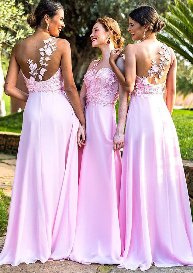 Lumidress One-Shoulder Sleeveless Chiffon Bridesmaid Dresses with Floral Appliques