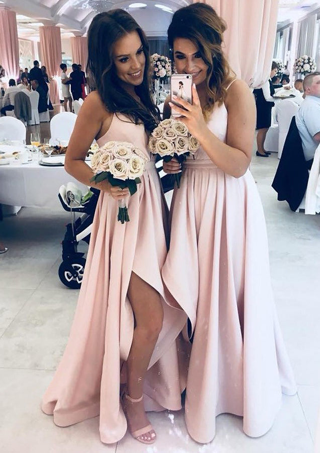 Lumidress Pink Spaghetti Straps Asymmetrical A-Line Bridesmaids Dress