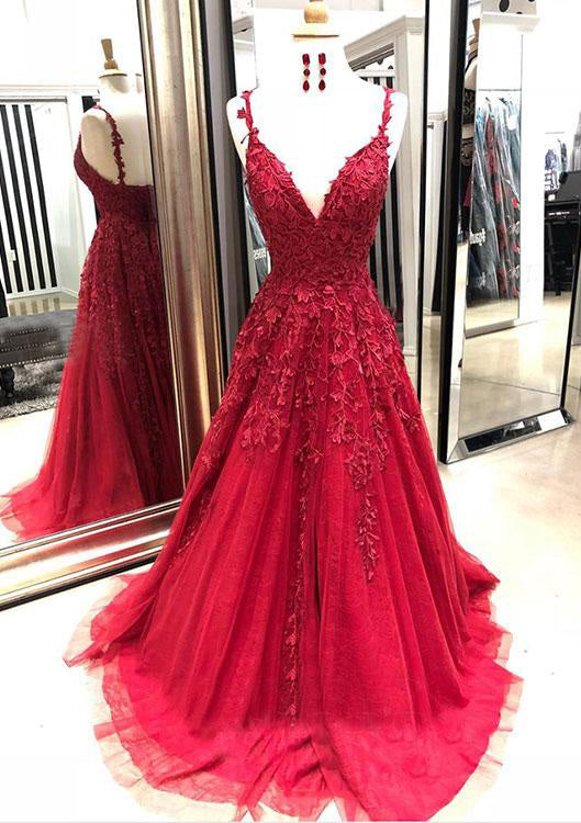 Lumidress Red Deep V-Neck Sleeveless Lace Appliqués Tulle Prom Dress