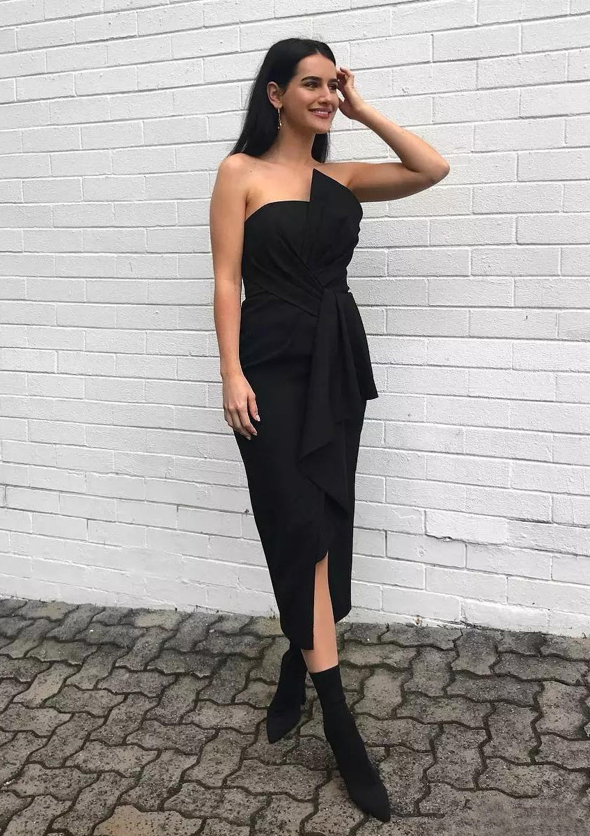 Lumidress Strapless Sheath Satin Tea-Length Bridesmaid Dress with Split