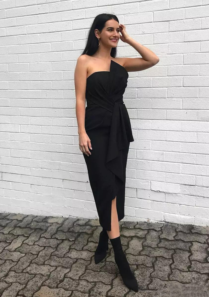 Lumidress Strapless Sheath Satin Tea-Length Bridesmaid Dress with Split