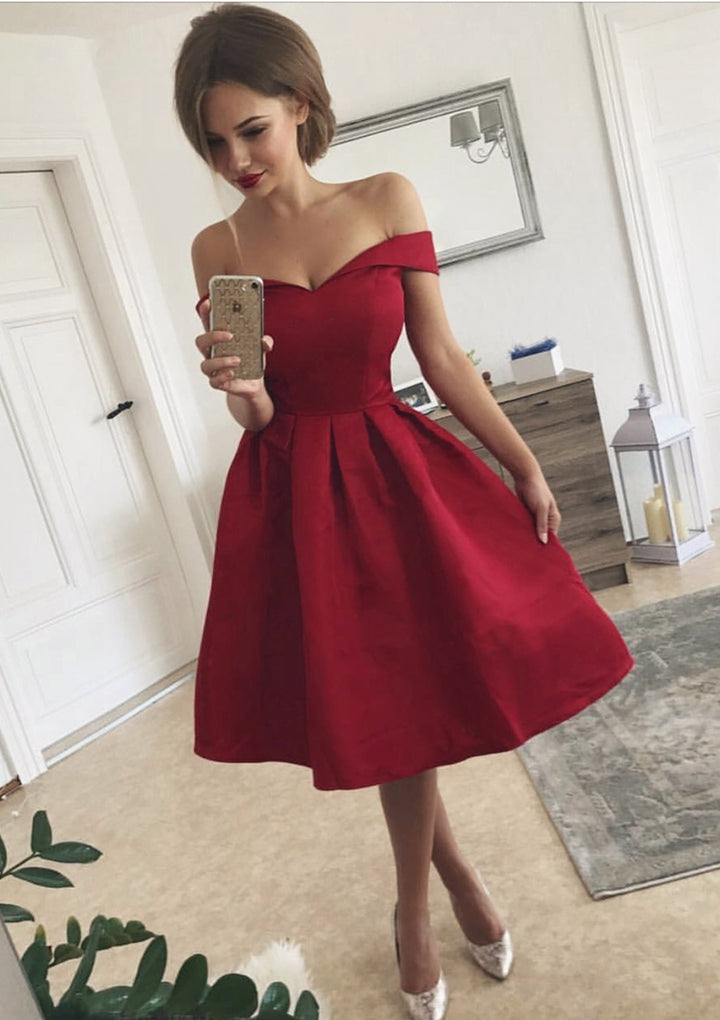 Lumidress Off-the-Shoulder Satin Tea-Length Bridesmaid Dress