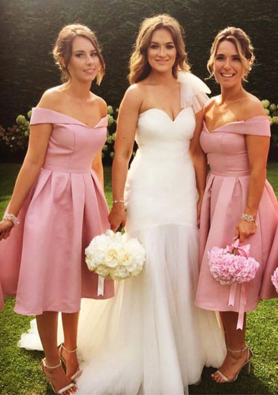 Lumidress Off-the-Shoulder Satin Tea-Length Bridesmaid Dress