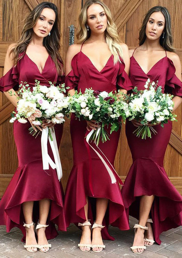 Lumidress Burgundy V Neck Ruffles Asymmetrical Bridesmaid Dresses