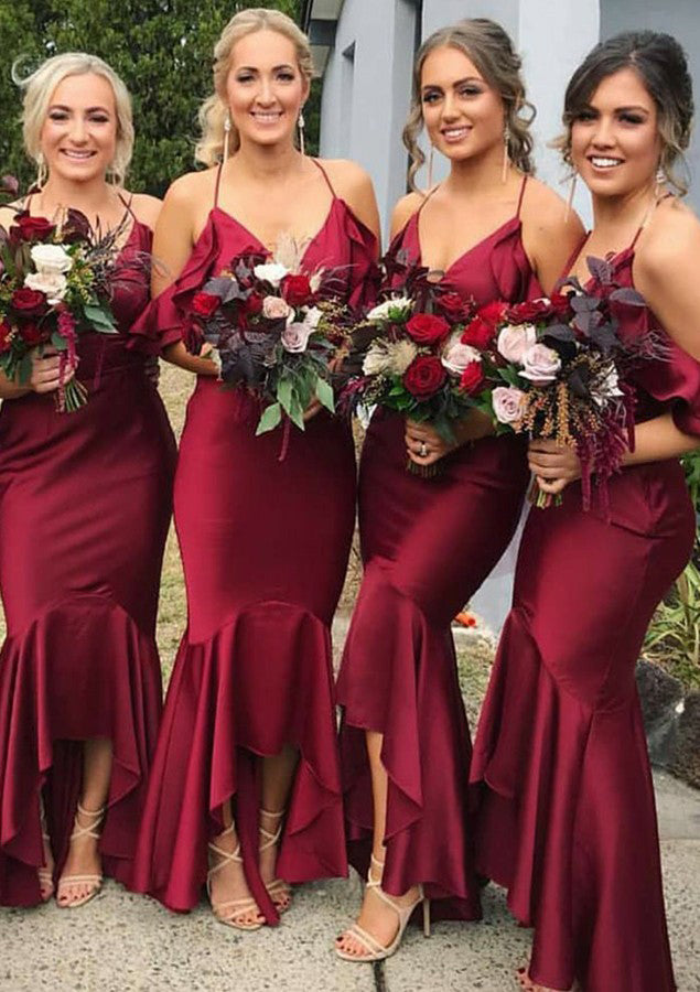 Lumidress Burgundy V Neck Ruffles Asymmetrical Bridesmaid Dresses