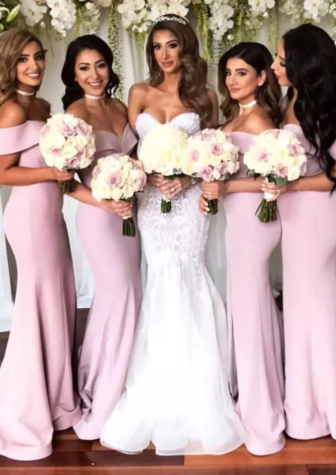 Lumidress Off-the-Shoulder Satin Bridesmaid Dresses with Sweep Train