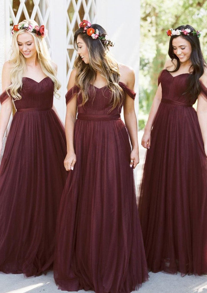 Lumidress Burgundy Off-the-Shoulder A-Line Tulle Floor-Length Bridesmaid Dress