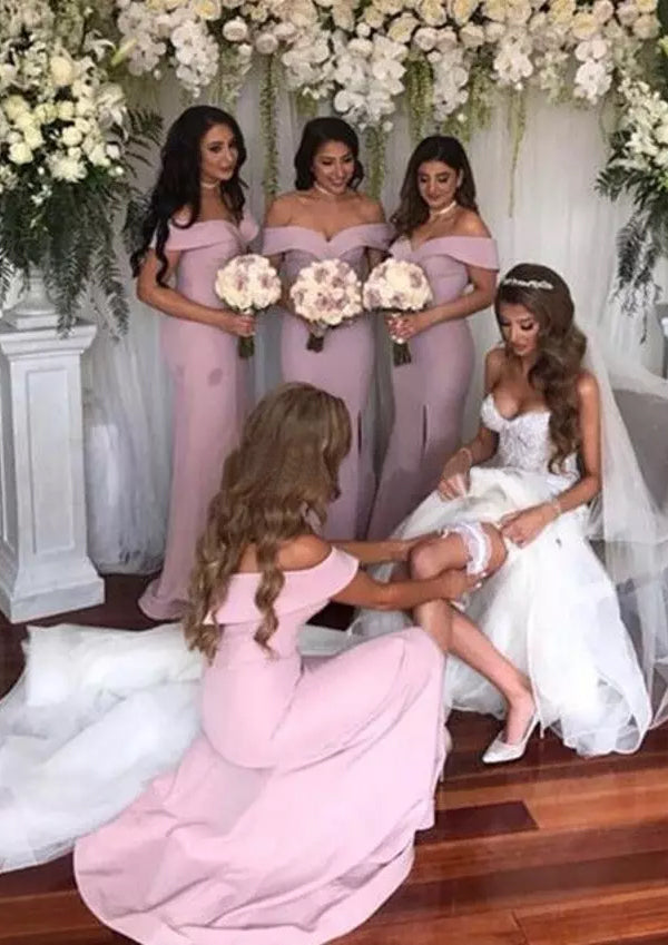 Lumidress Off-the-Shoulder Satin Bridesmaid Dresses with Sweep Train