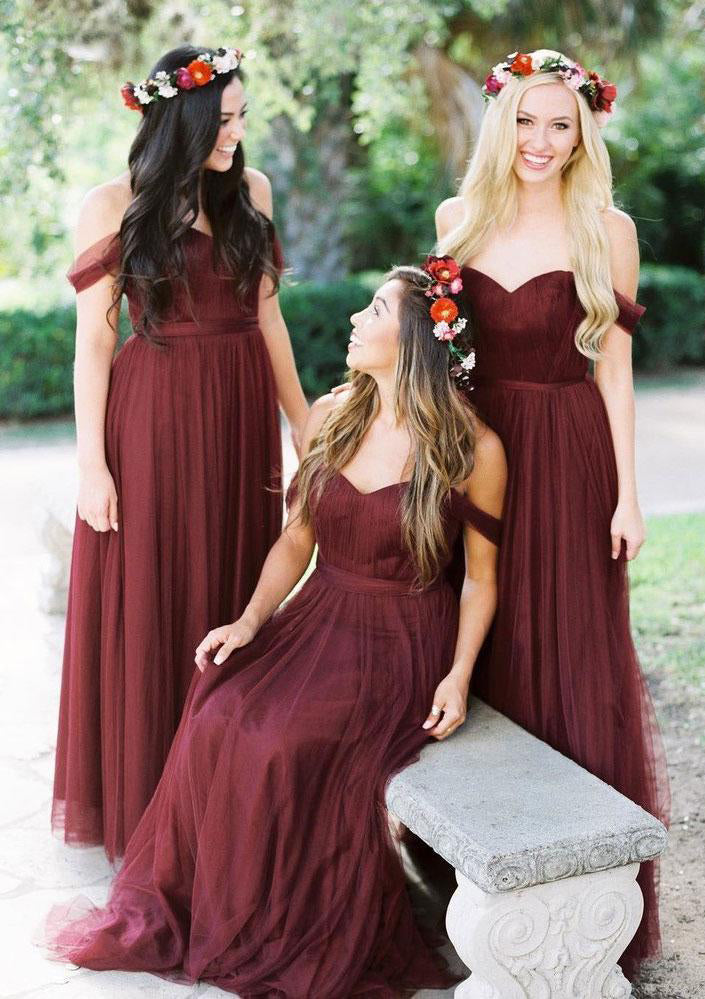 Lumidress Burgundy Off-the-Shoulder A-Line Tulle Floor-Length Bridesmaid Dress