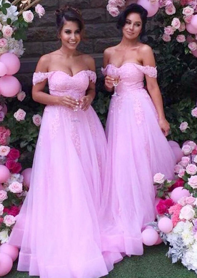 Lumidress Romantic Off-the-Shoulder Tulle Bridesmaid Dress with Lace Appliques