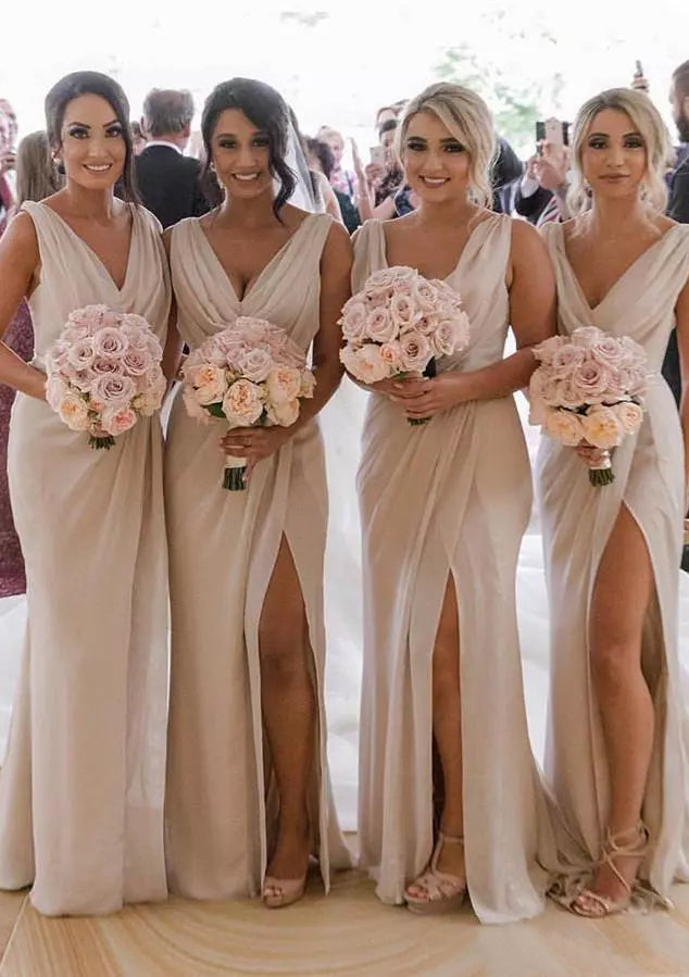 Lumidress Cowl Neck Sleeveless Chiffon High Slit Bridesmaid Dresses
