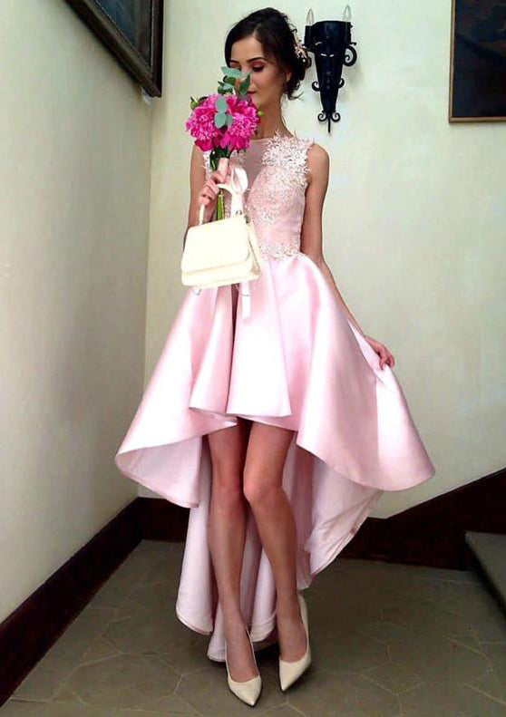 Lumidress Pink Sleeveless Lace Appliqués Asymmetrical Satin Prom Dress