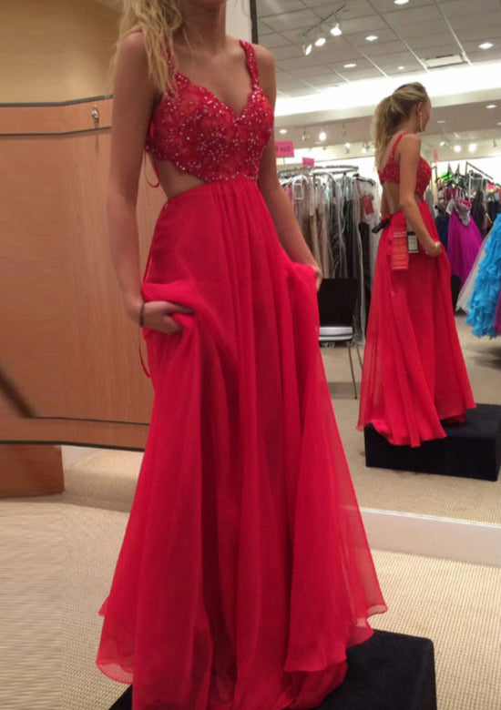 Lumidress Red V-Neck Sleeveless Chiffon Prom Dress with Beaded