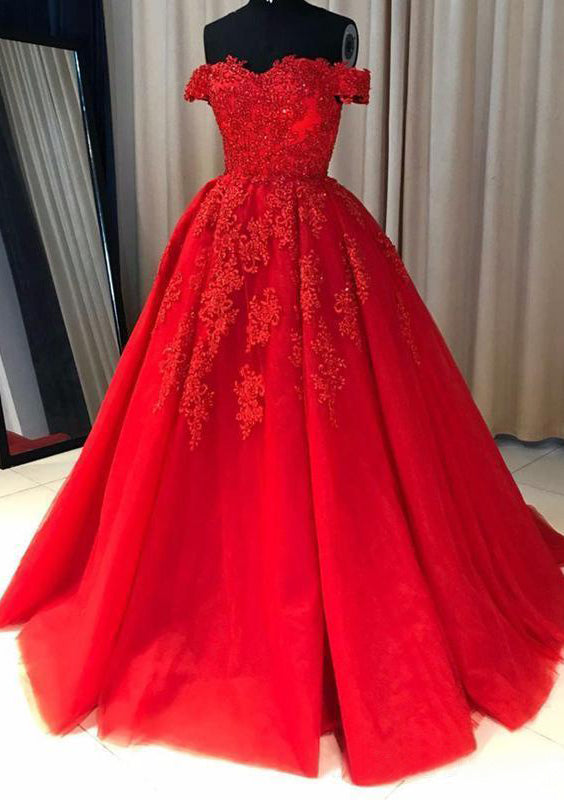 Lumidress Red Ball Gown Off-the-Shoulder Tulle Prom Pageant Dress