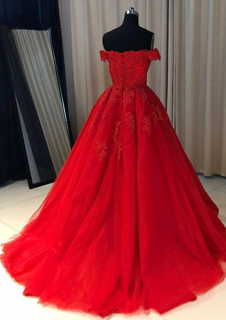 Lumidress Red Ball Gown Off-the-Shoulder Tulle Prom Pageant Dress